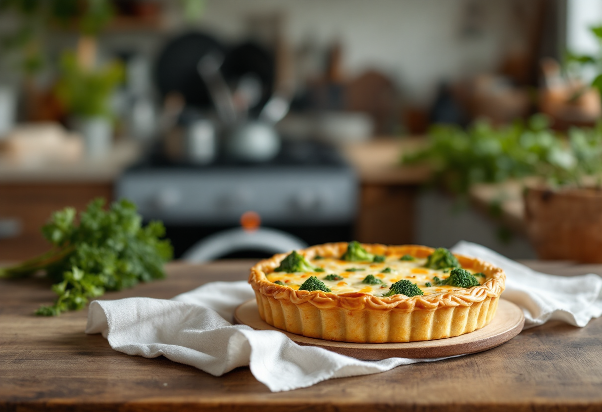 Torta salata con broccoli e formaggio appena sfornata