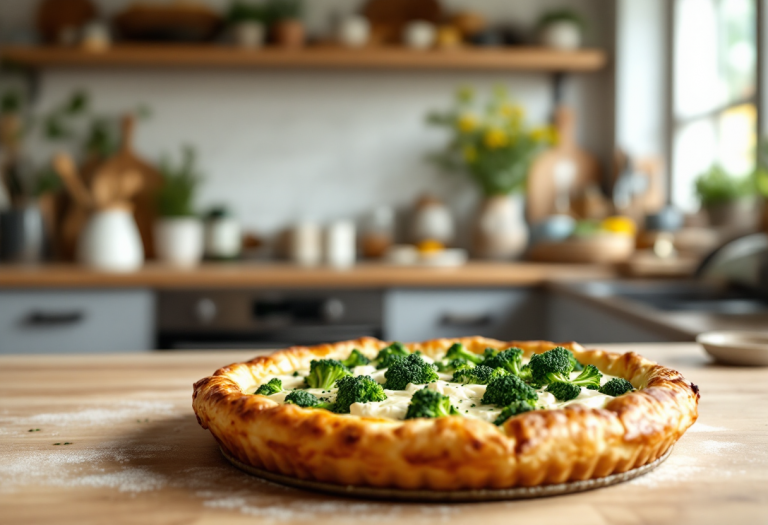 Torta salata con broccoli e ricotta appena sfornata