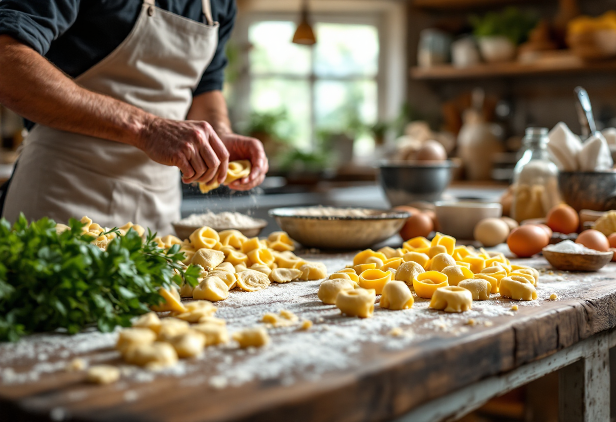 Tortellini freschi fatti a mano su un tavolo di legno