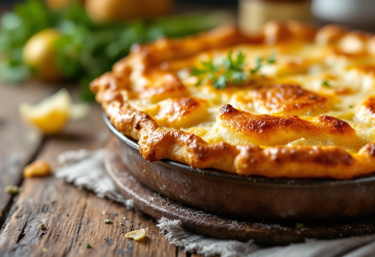 Tortino di patate e porri appena sfornato e dorato