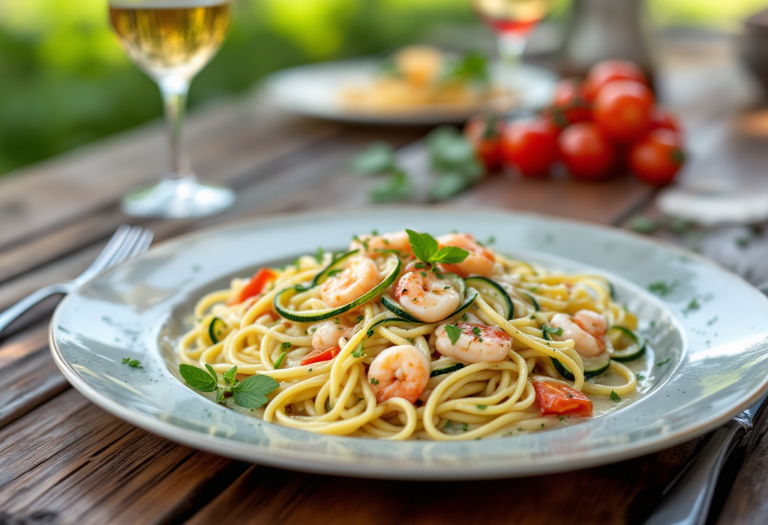 Piatto di trofie con zucchine e gamberetti freschi