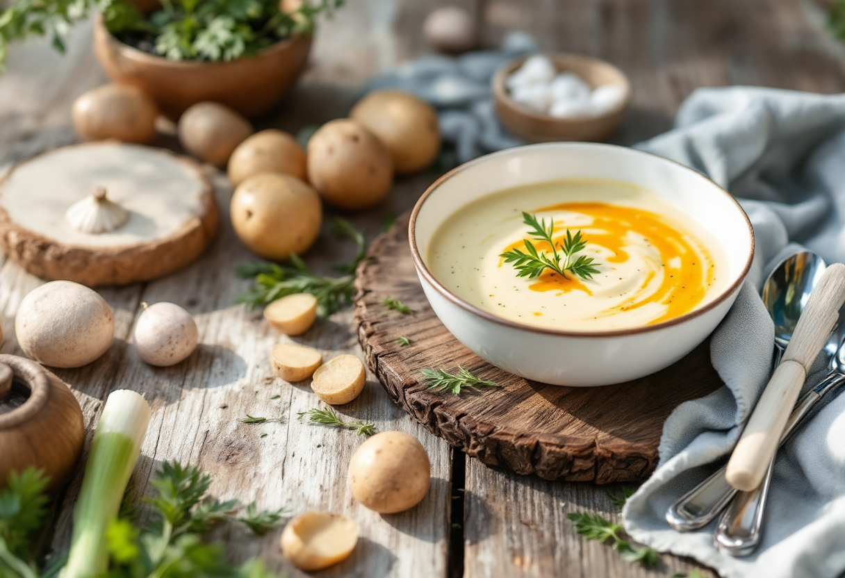 Vichyssoise servita in una ciotola con erbe fresche