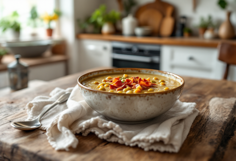 Zuppa calda di piselli secchi con pancetta croccante