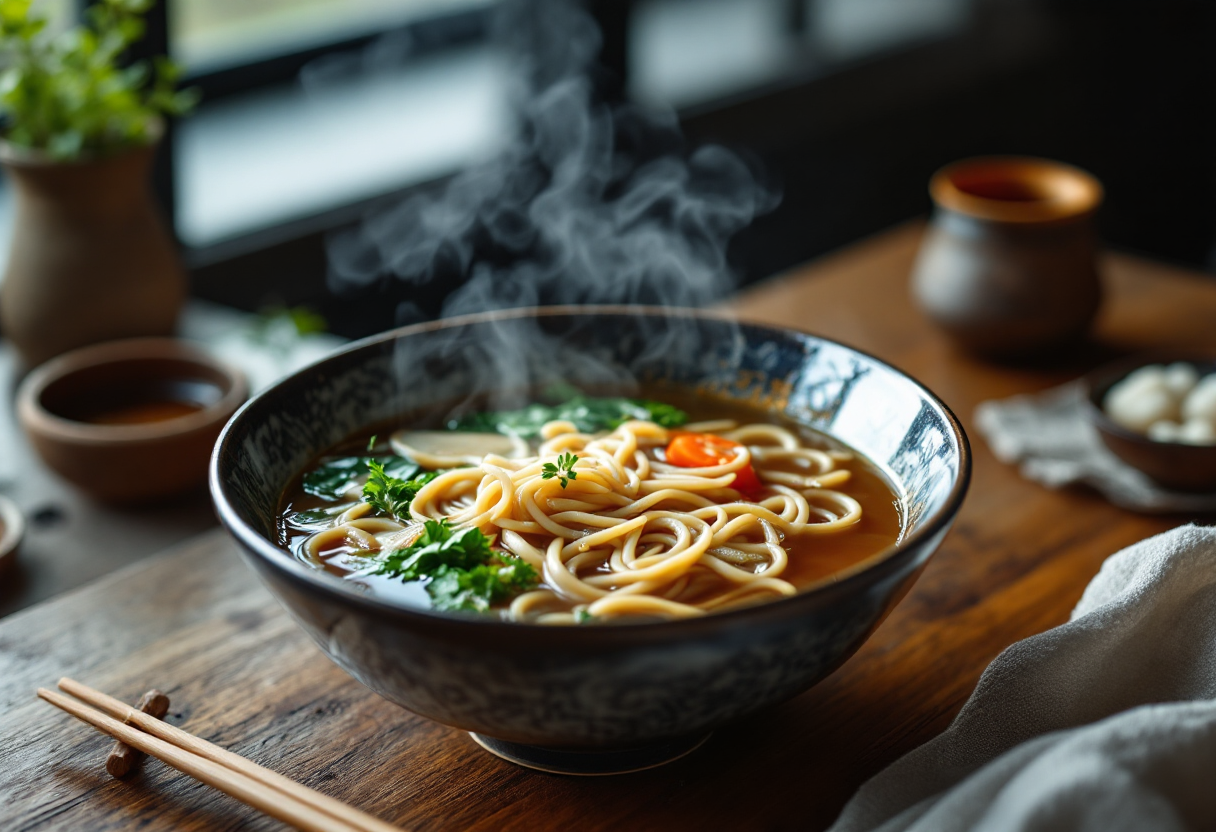 Zuppa di soba con ingredienti freschi e colorati