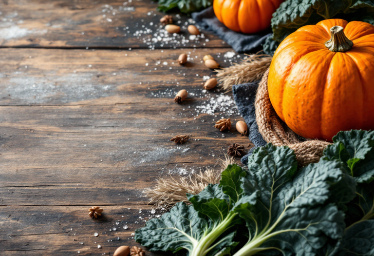 Zuppa calda di zucca e cavolo nero in una ciotola