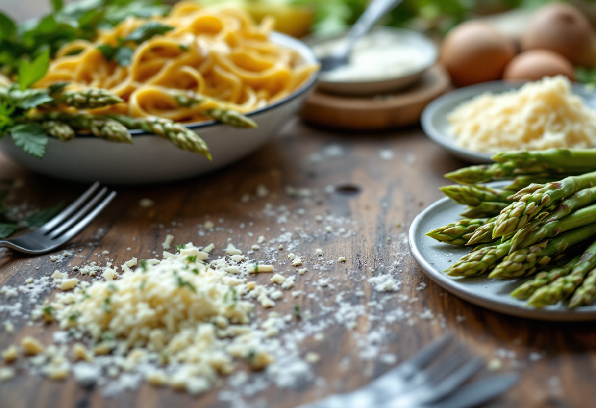 Piatto di carbonara con asparagi freschi e guanciale