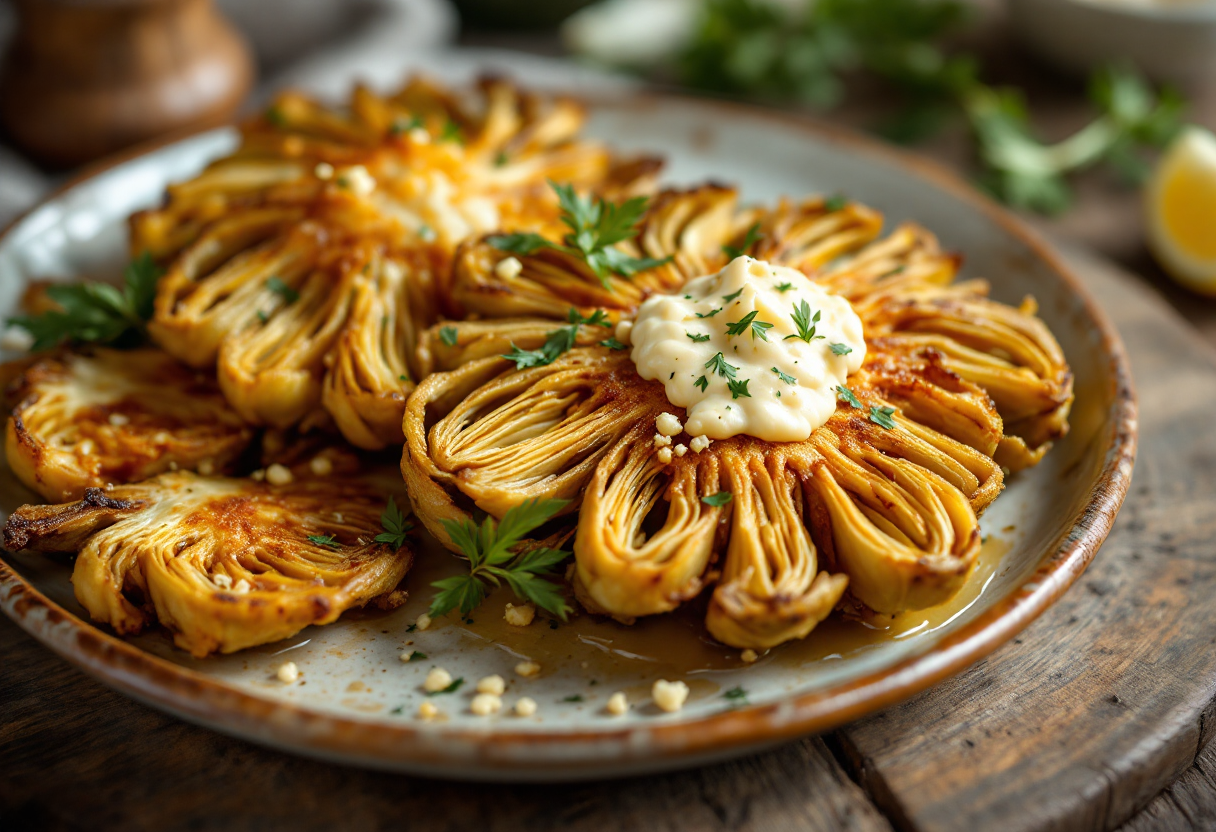 Antipasto gourmet di carciofi fritti con maionese