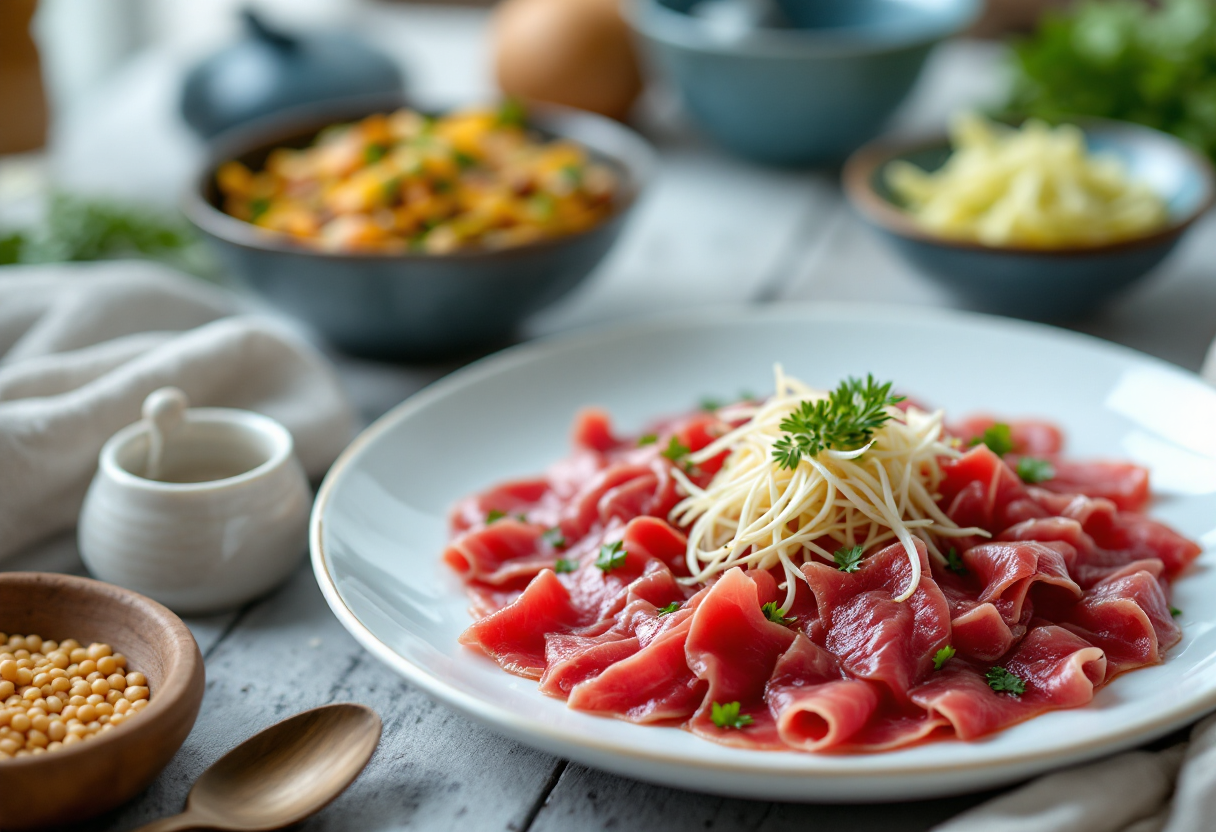 Carpaccio di manzo servito con cavolo rosso e germogli di soia