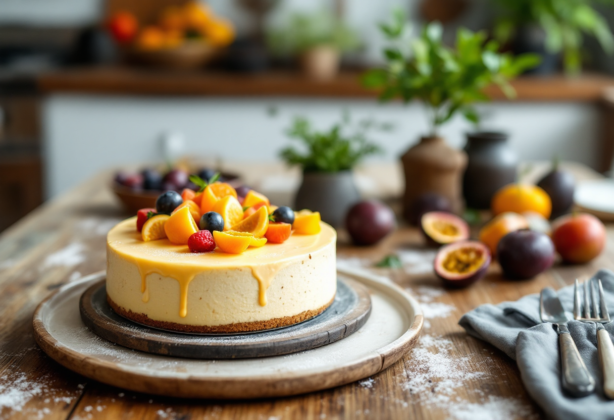 Deliziosa cheesecake al frutto della passione decorata