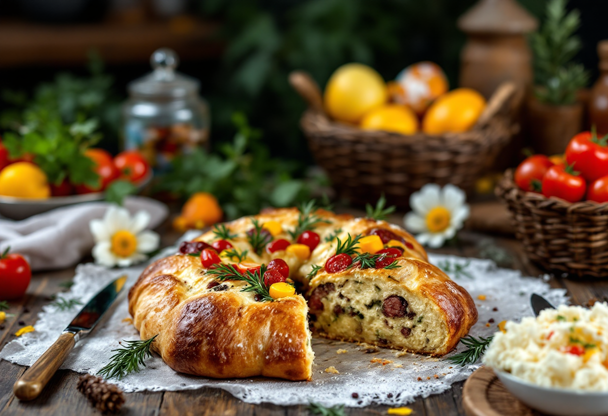 Colomba salata servita su un piatto con decorazioni pasquali