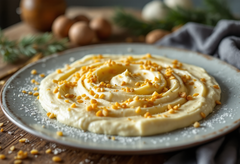 Crema di carciofi con sfere di parmigiano servita in un piatto