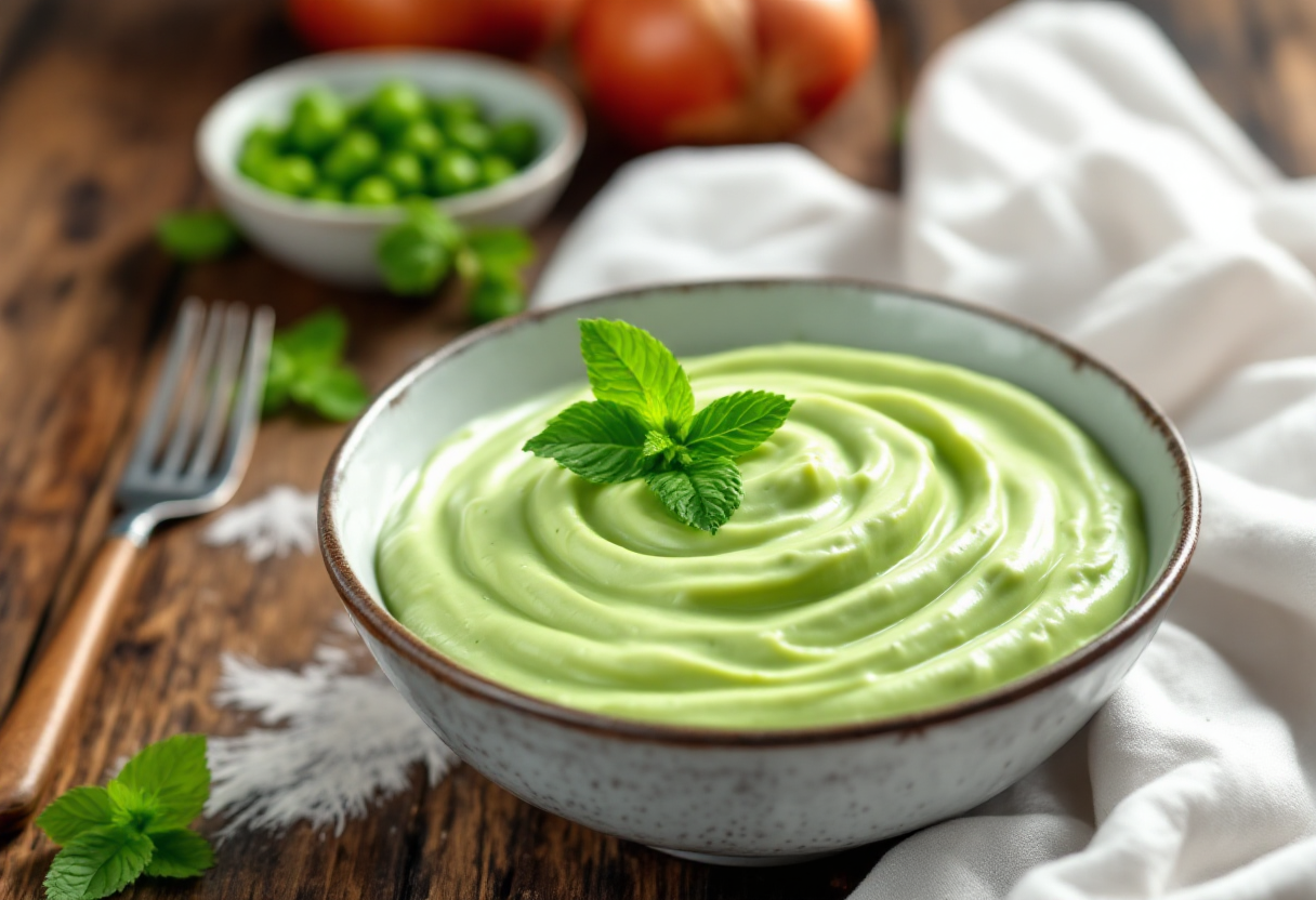 Crema di piselli alla menta servita in un piatto elegante