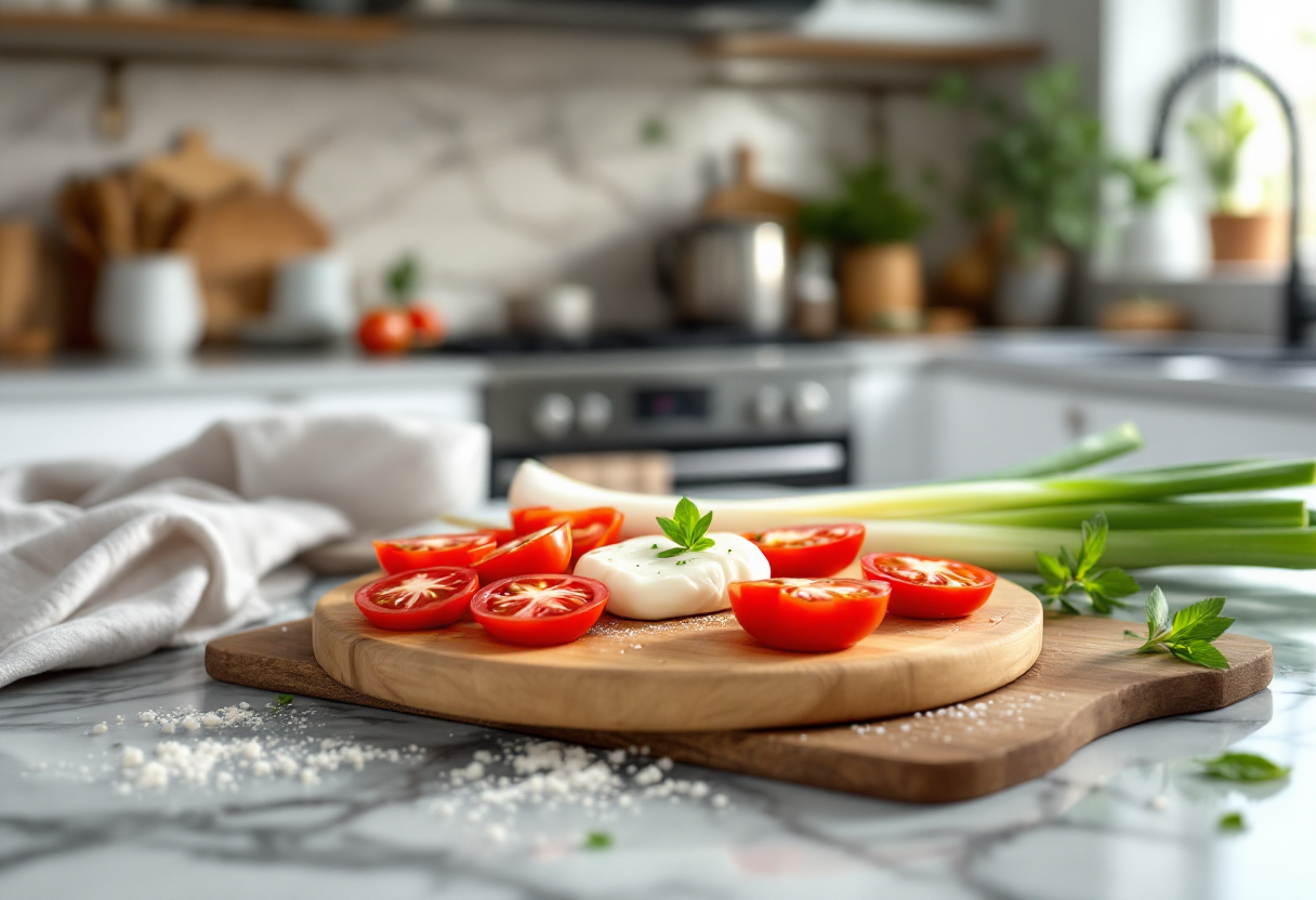 Filetti di pomodoro in olio con bufala e cipollotto di Tropea