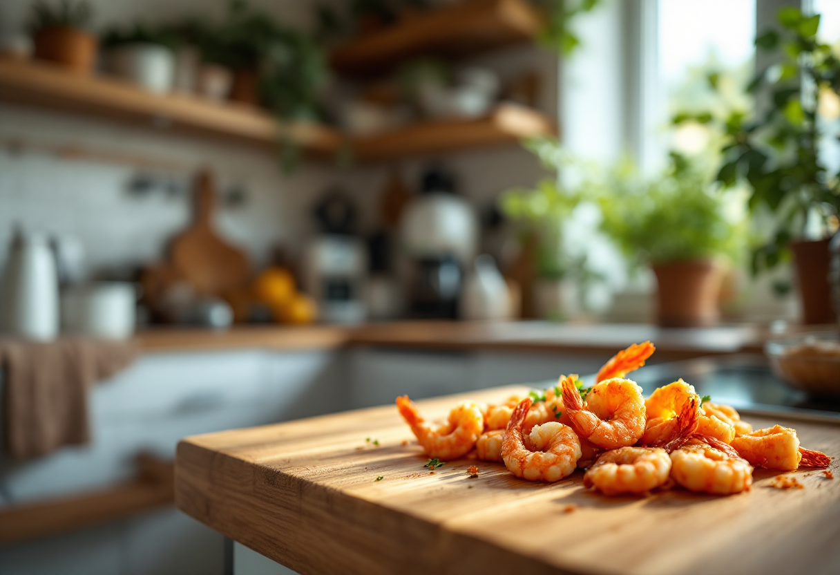 Frittura di gamberi servita con porri e spinacini freschi