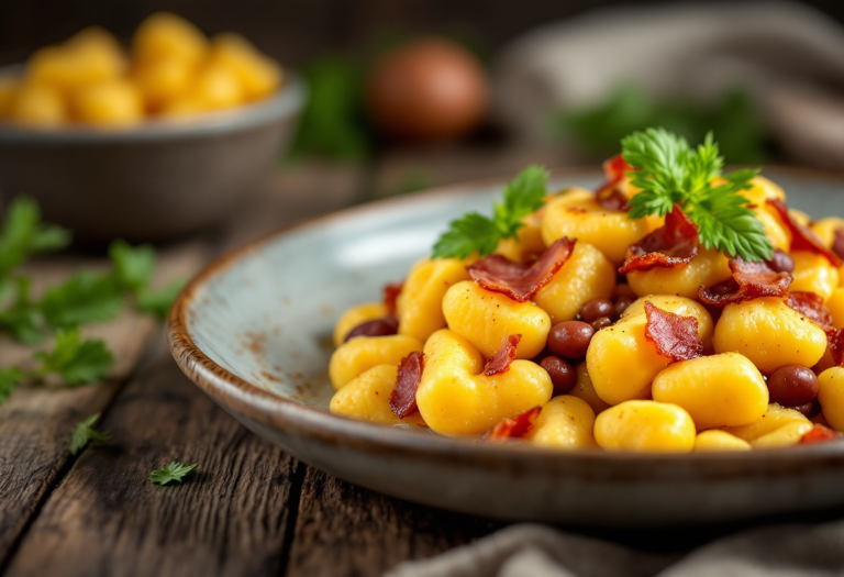 Gnocchi di polenta serviti con fagioli e pancetta croccante