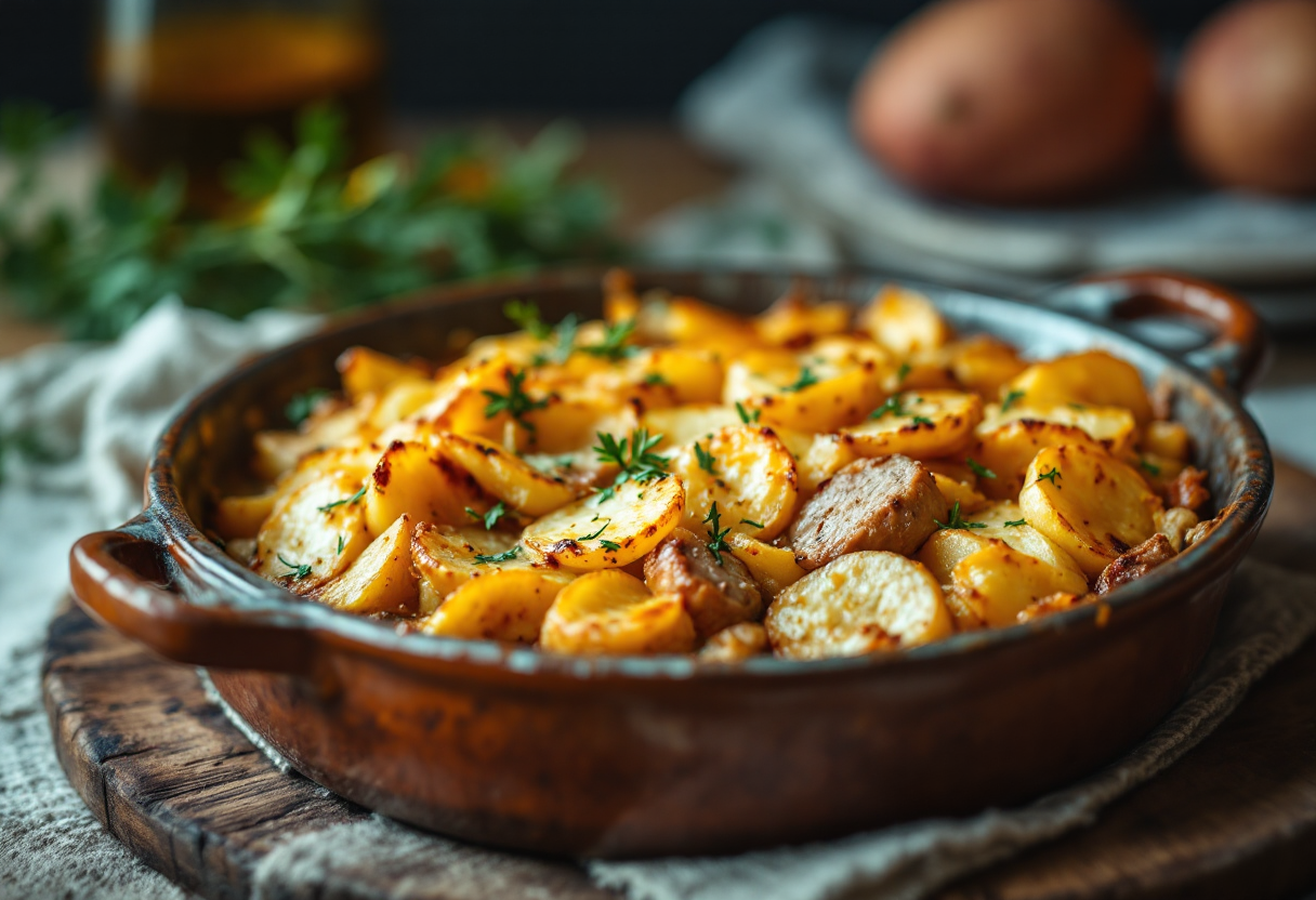 Gratin di maiale con patate servito in un piatto rustico