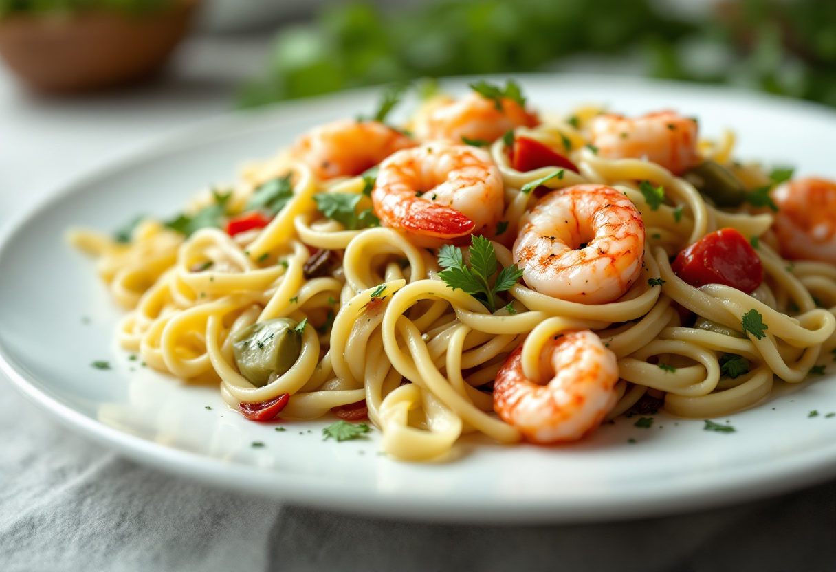 Piatto di insalata di pasta con carciofi e gamberi