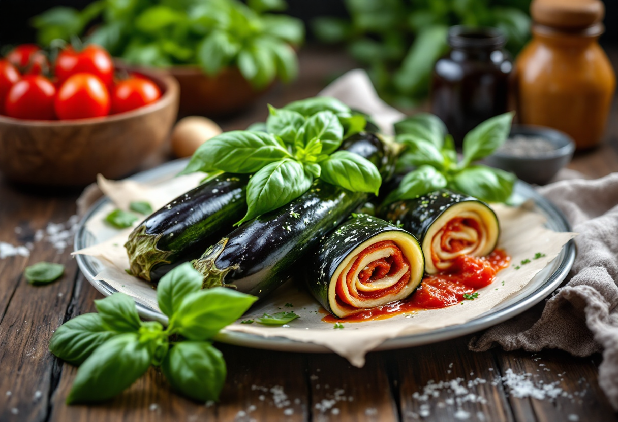 Involtini di melanzane alla parmigiana serviti su un piatto