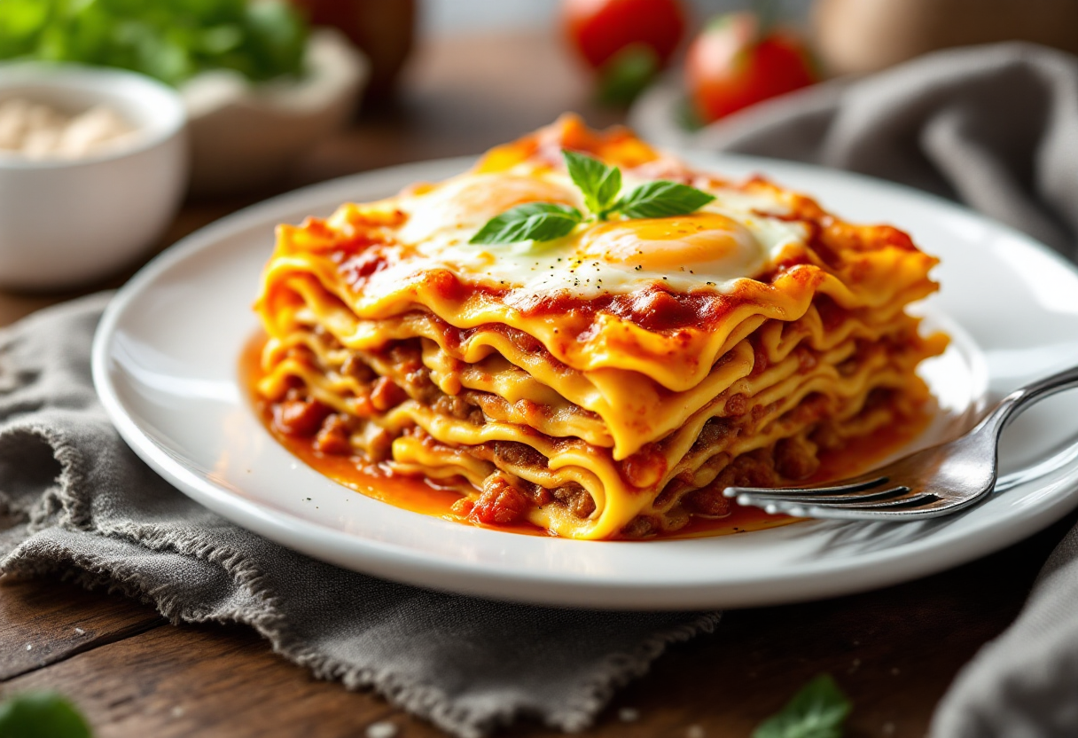 Lasagnetta con salsiccia, uova e mozzarella appena sfornata