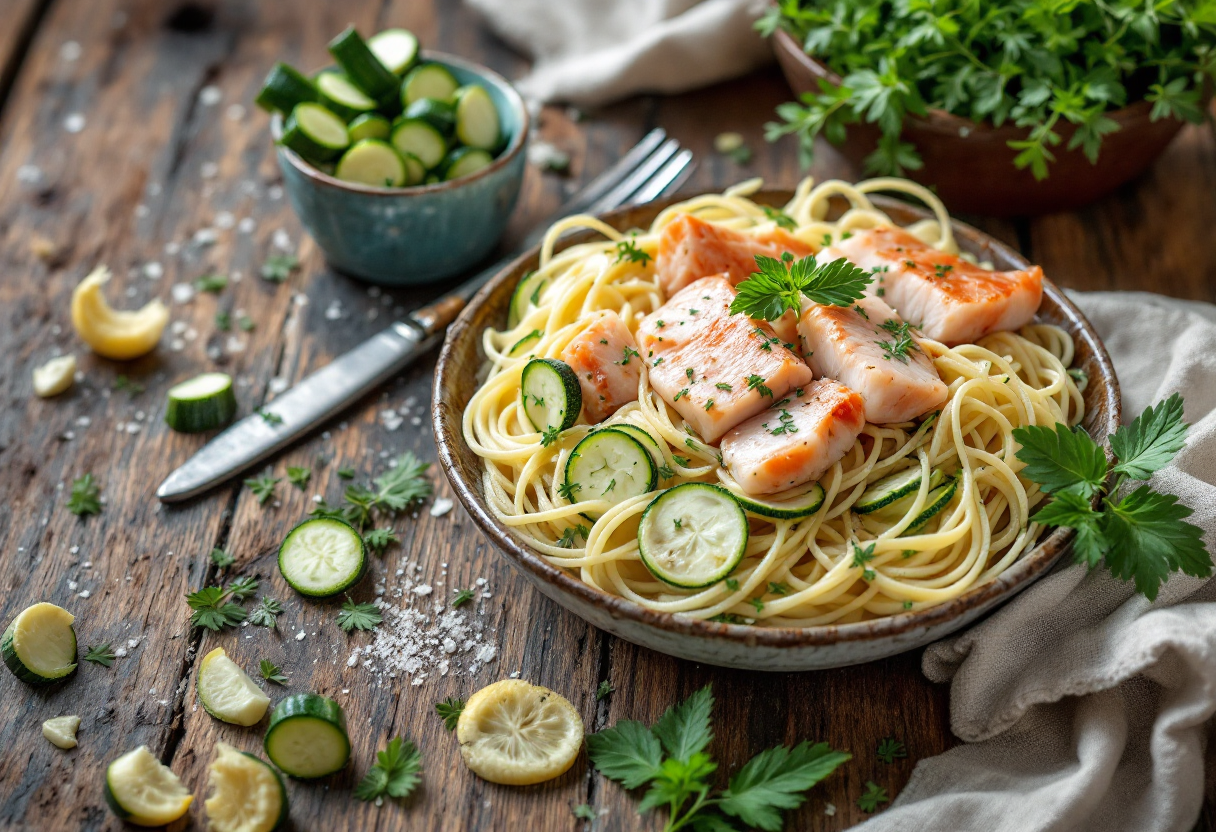 Piatto di maltagliati con pesce di paranza e zucchine fiorite