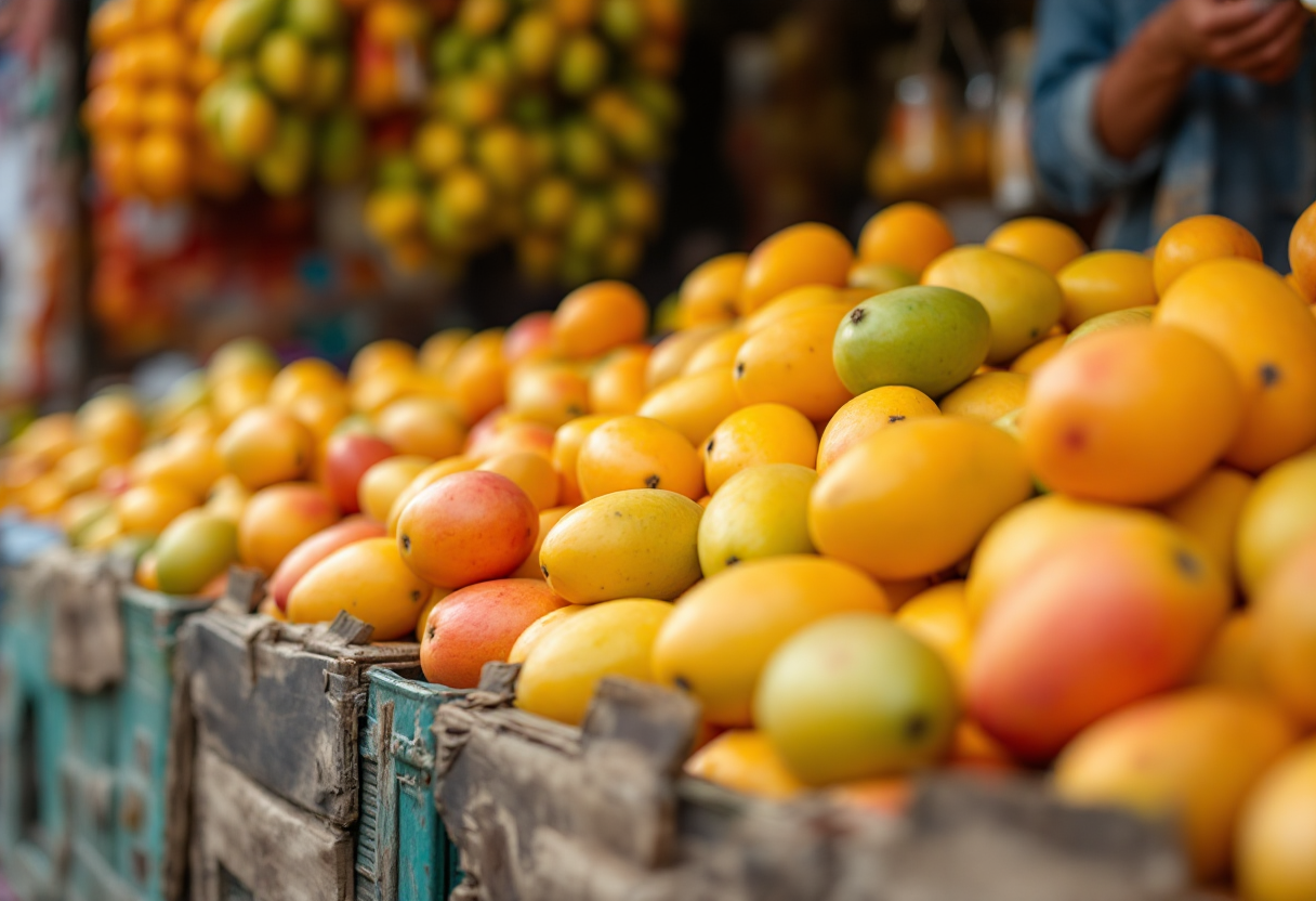 Mango fresco in un mercato peruviano durante la stagione