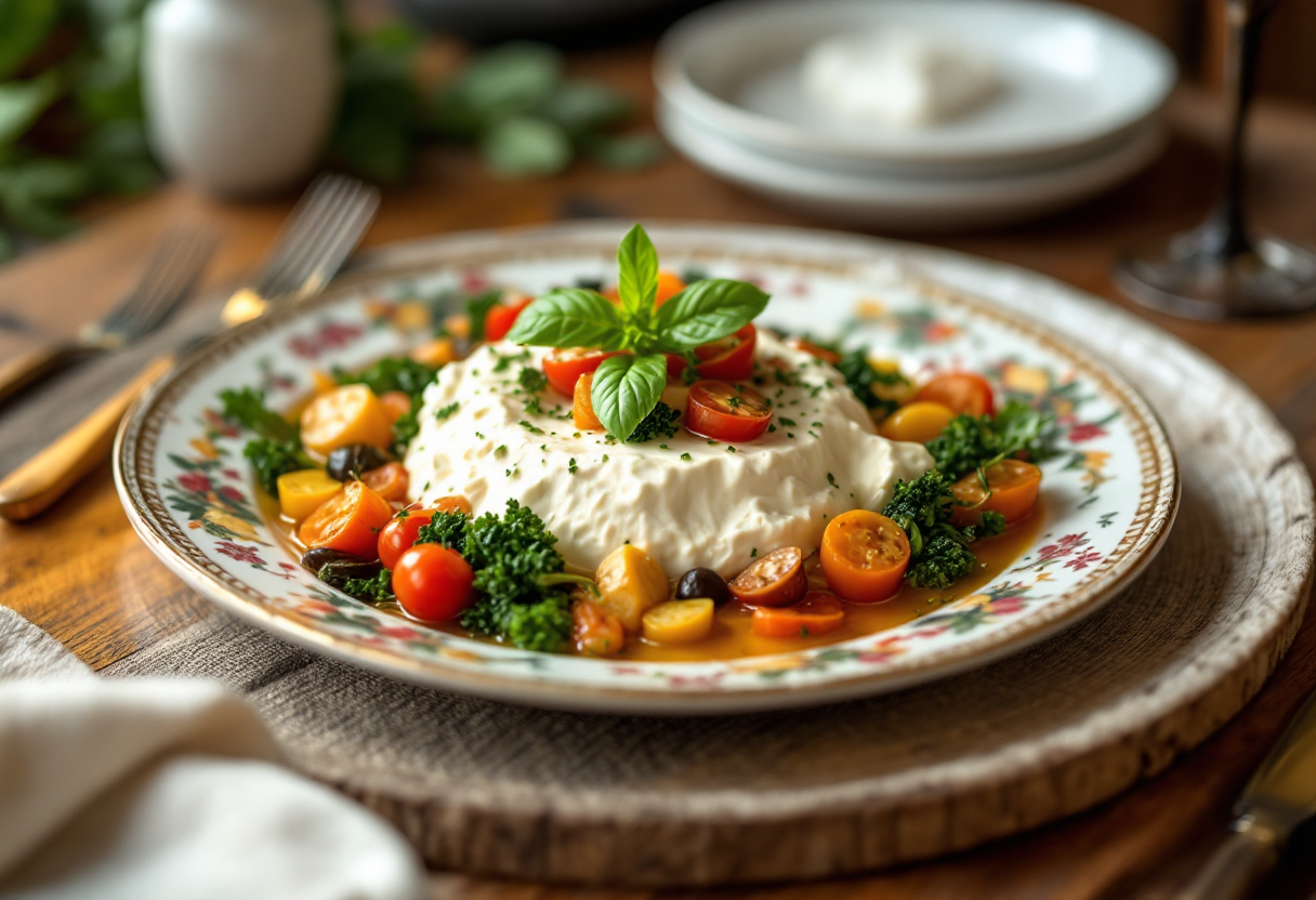 Mattonella di ricotta e verdure su un piatto elegante