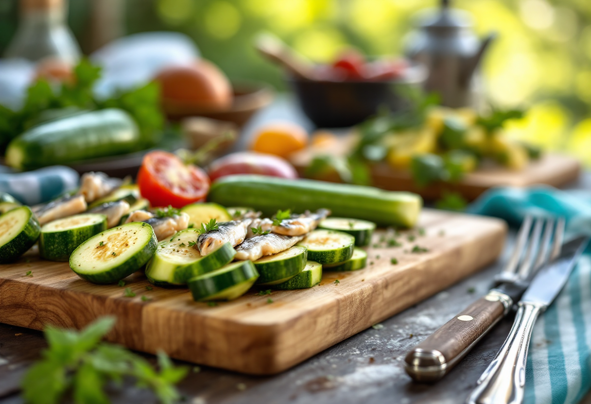 Millefoglie di alici con zucchine trombetta fresche