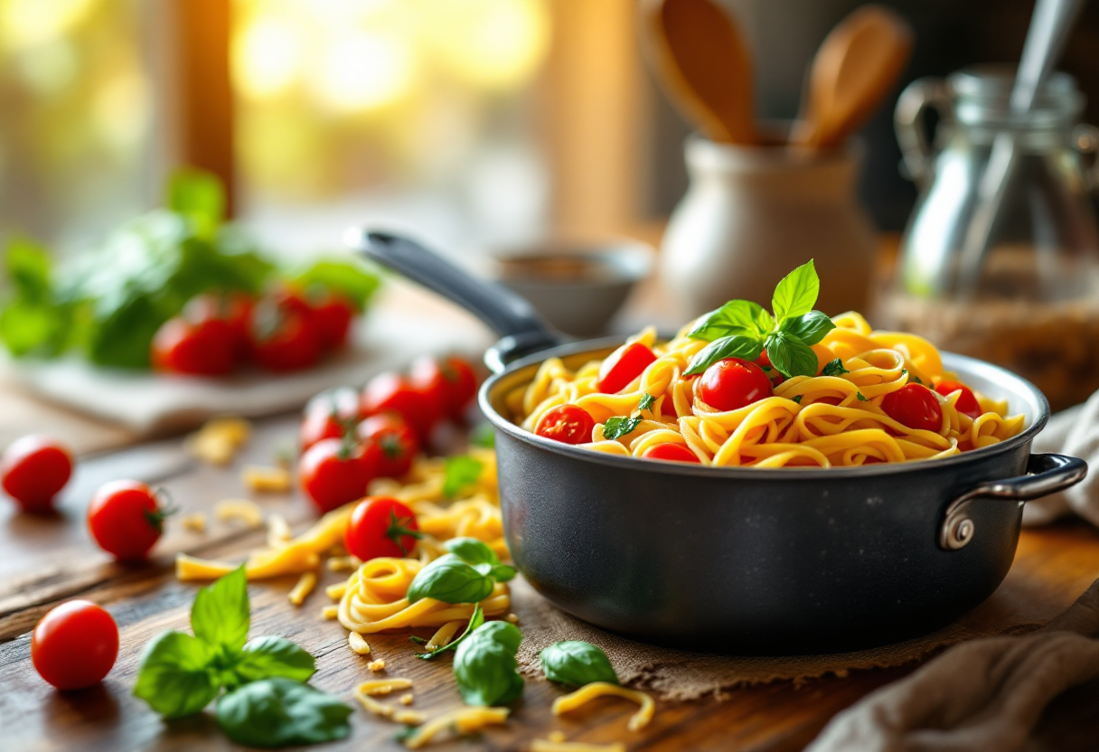 Piatto di one pot pasta con ingredienti freschi