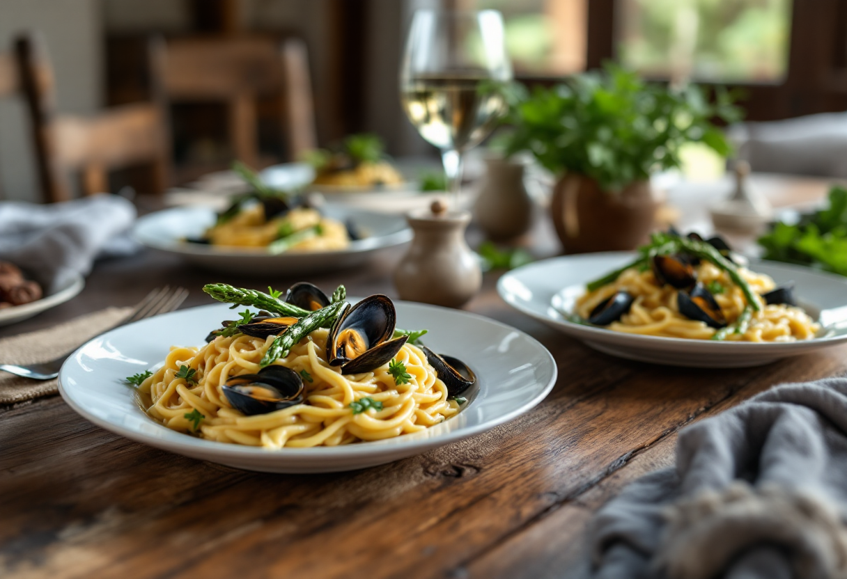 Orzotto con cozze fresche e asparagi verdi