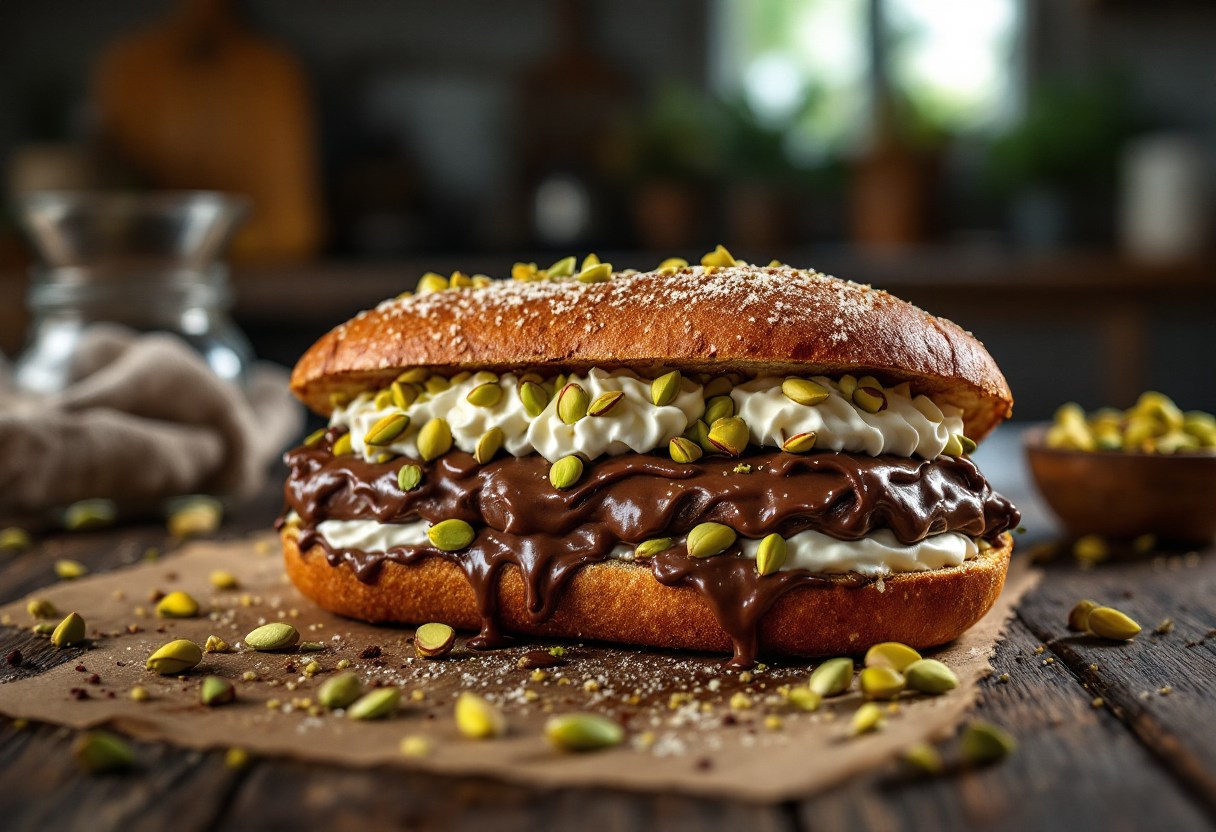 Panino farcito con Nutella, panna montata e pistacchi