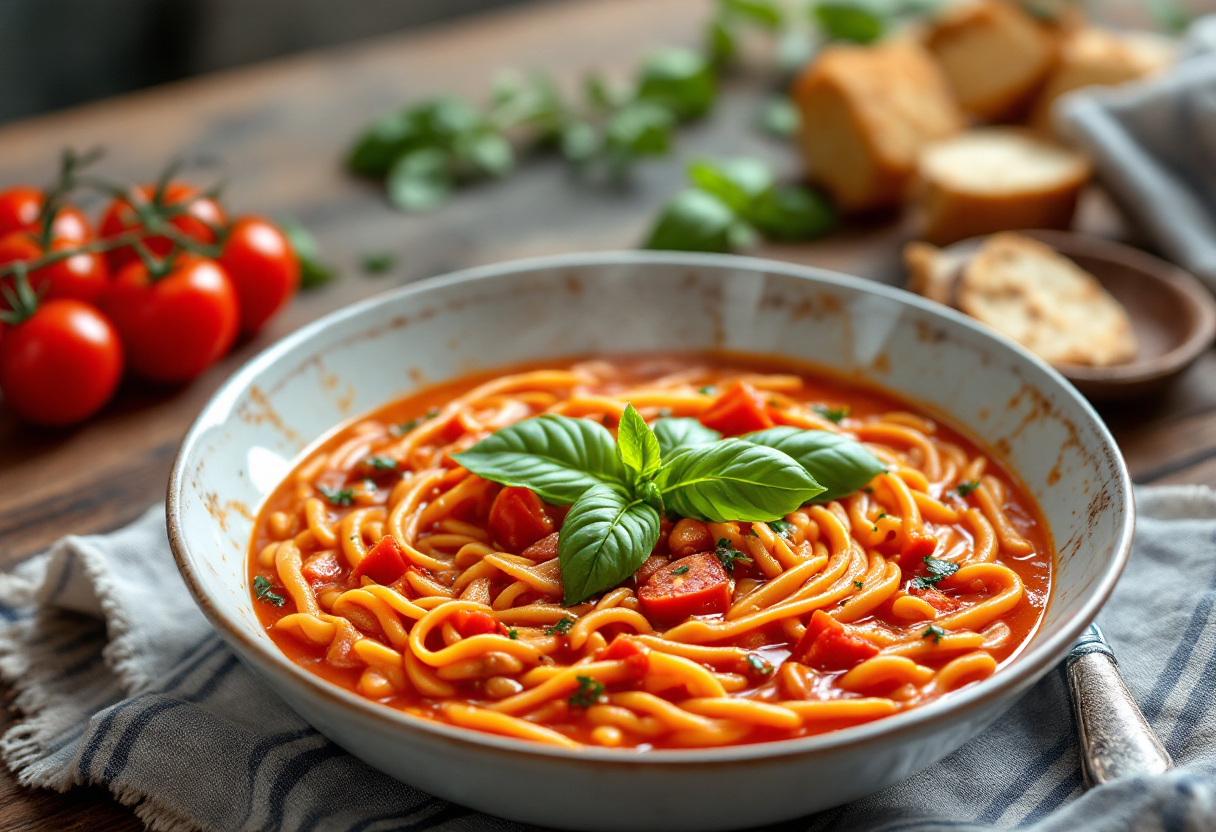 Piatto di pappa al pomodoro con pomodori freschi e basilico