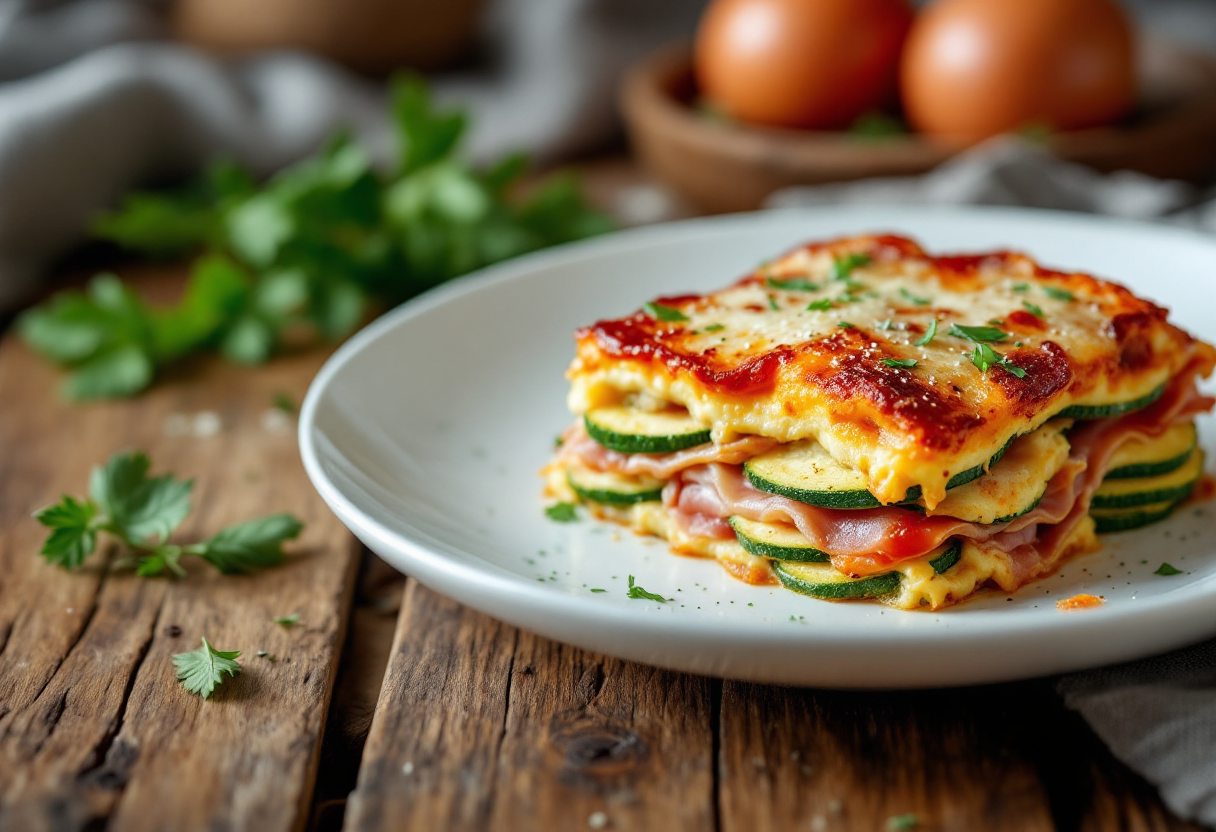 Deliziosa parmigiana di zucchine con prosciutto cotto