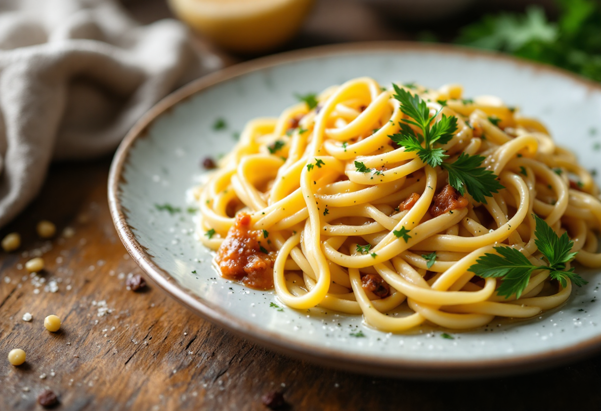 Pasta con sugo di finocchi servita in un piatto