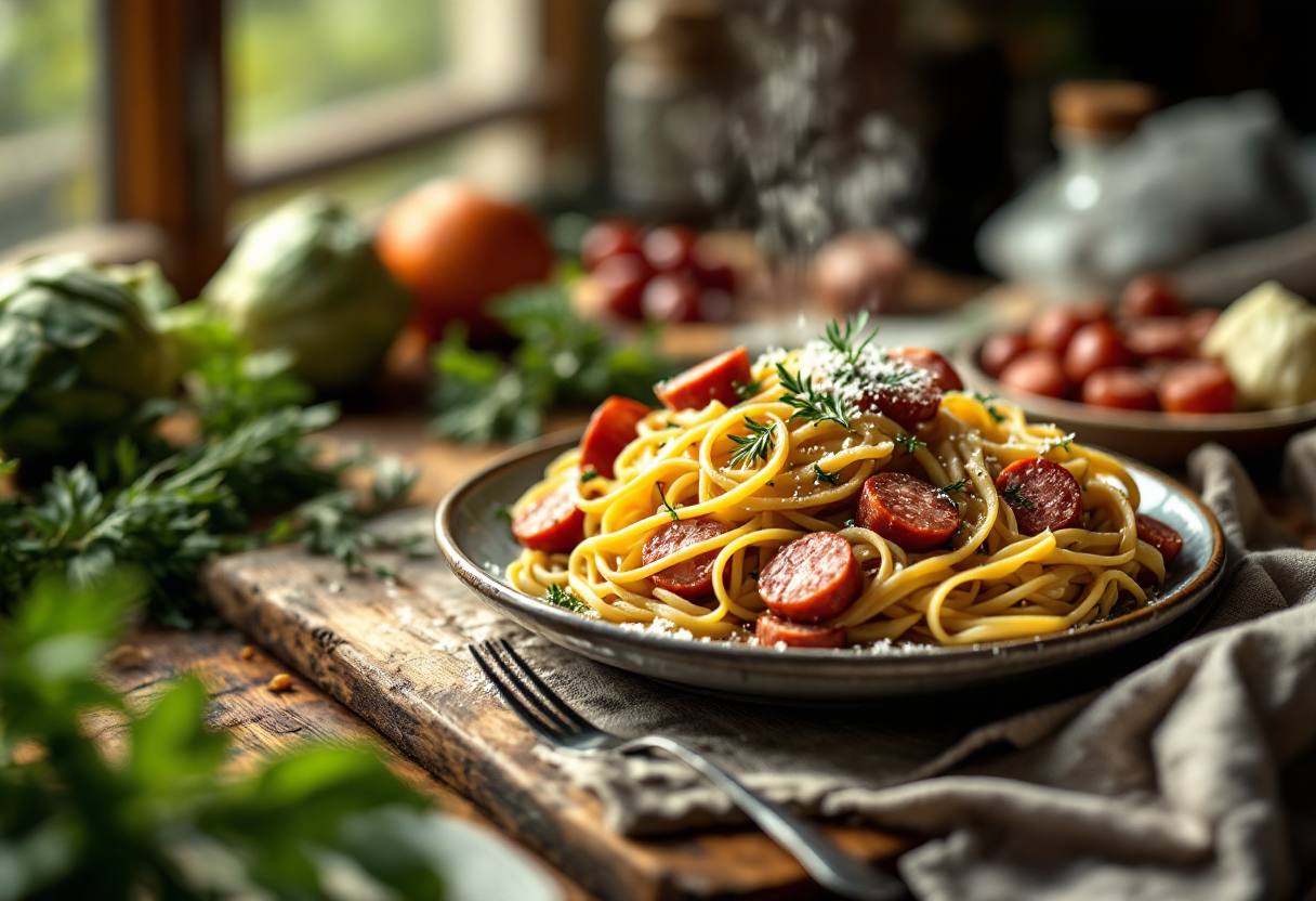 Pasta con carciofi e salsiccia servita in un piatto