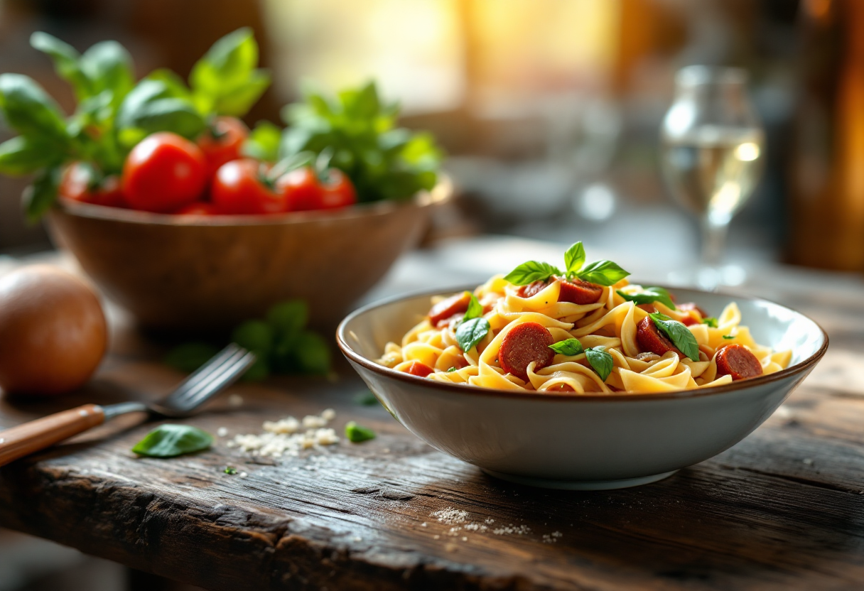 Pasta con peperoncini verdi e salsiccia in un piatto estivo