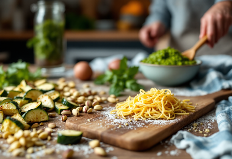 Pasta con pesto di zucchine arrostite servita in un piatto