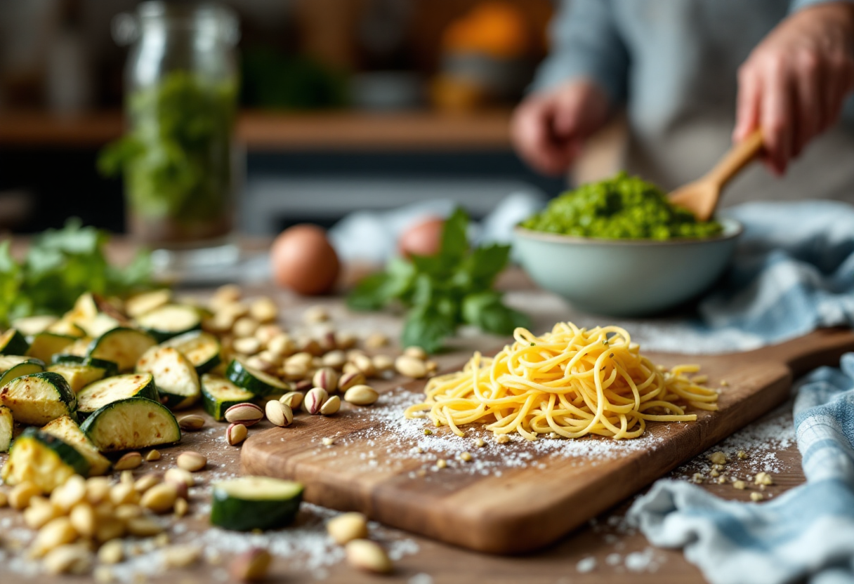 Pasta con pesto di zucchine arrostite servita in un piatto