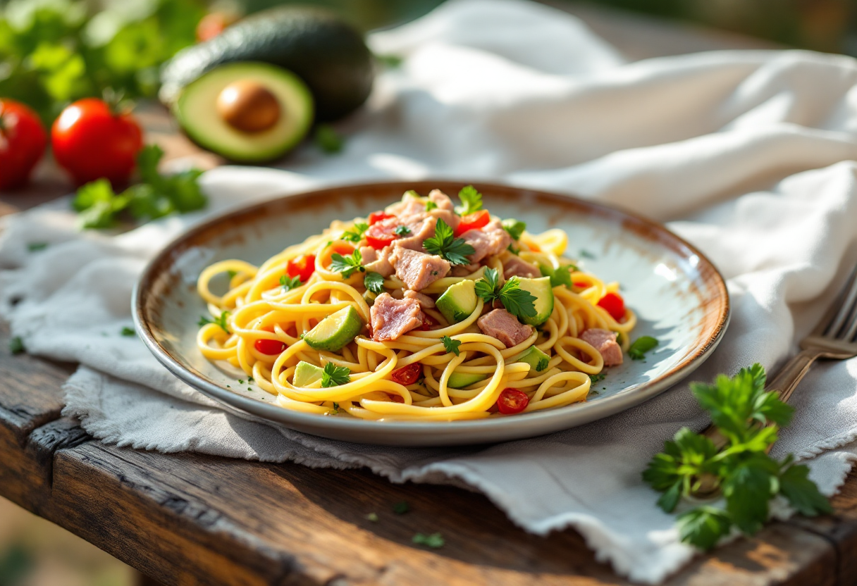 Pasta con avocado, tonno e pomodorini freschi