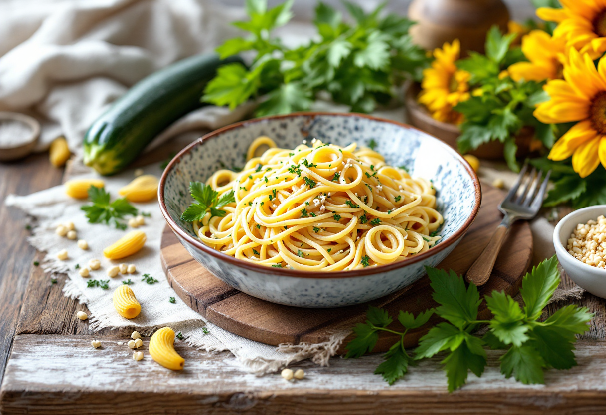 Pennette con fiori di zucca freschi e crema