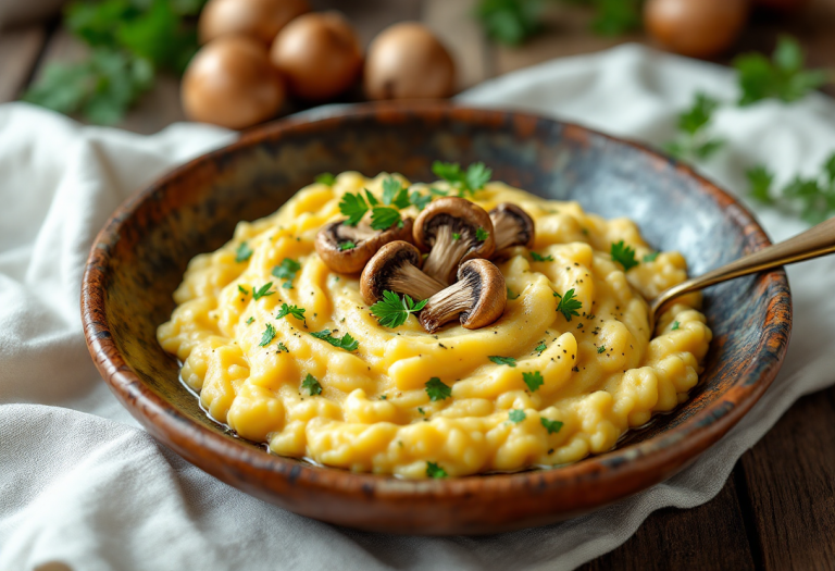 Polenta cremosa con funghi porcini servita in un piatto