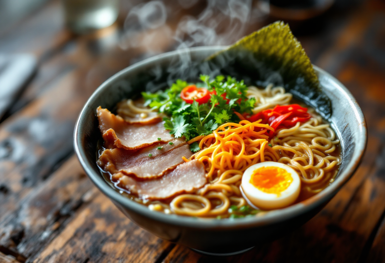 Delizioso ramen giapponese con brodo e ingredienti freschi