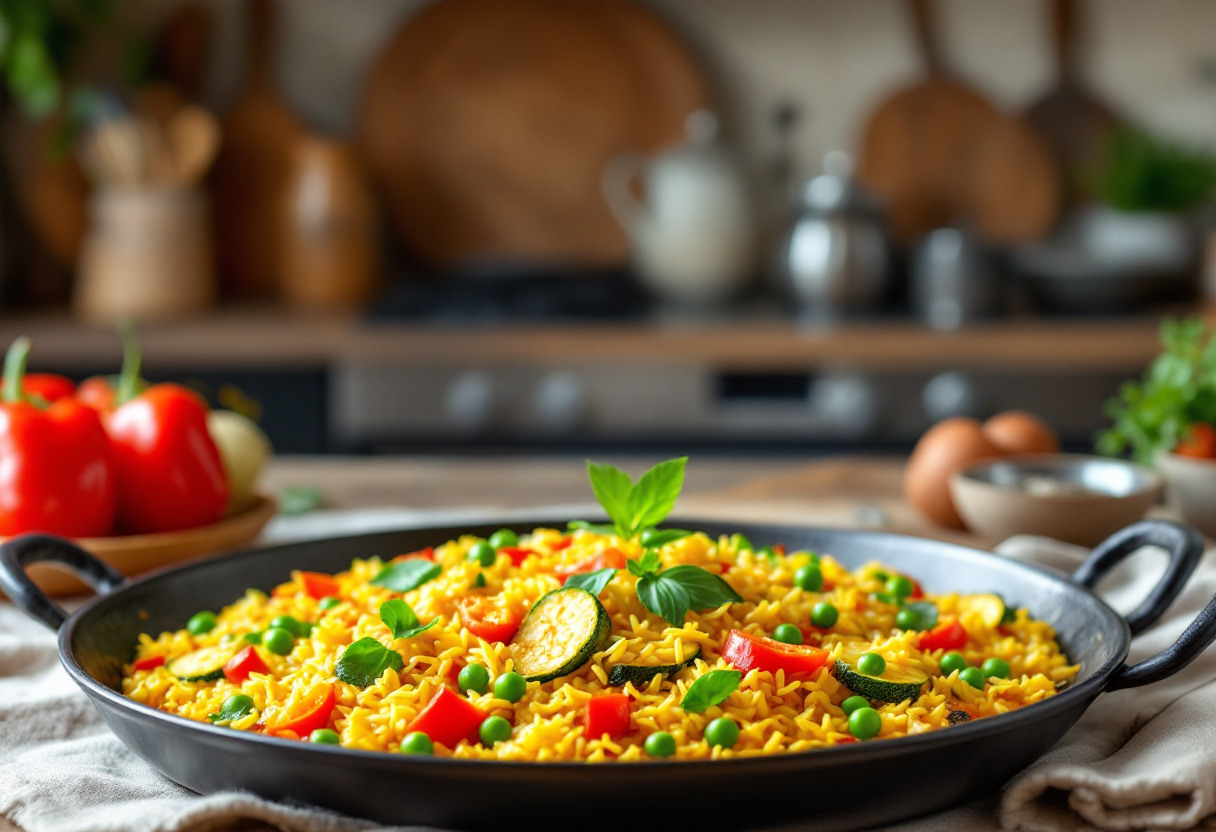 Paella vegetariana colorata con verdure fresche