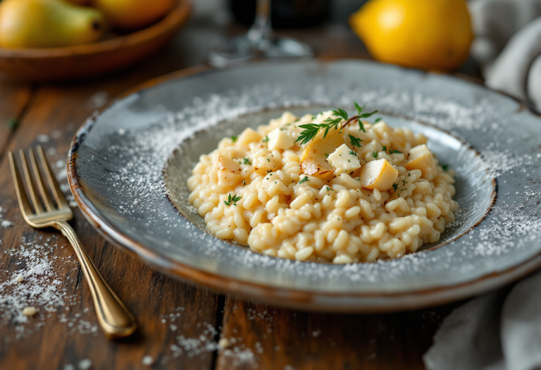 Risotto cremoso con pere e gorgonzola su piatto elegante