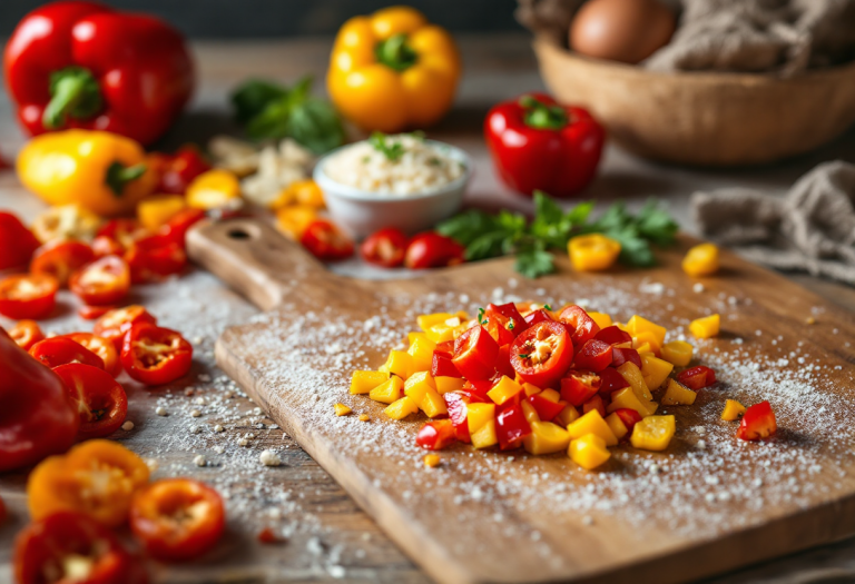 Risotto ai due peperoni servito in un piatto rustico