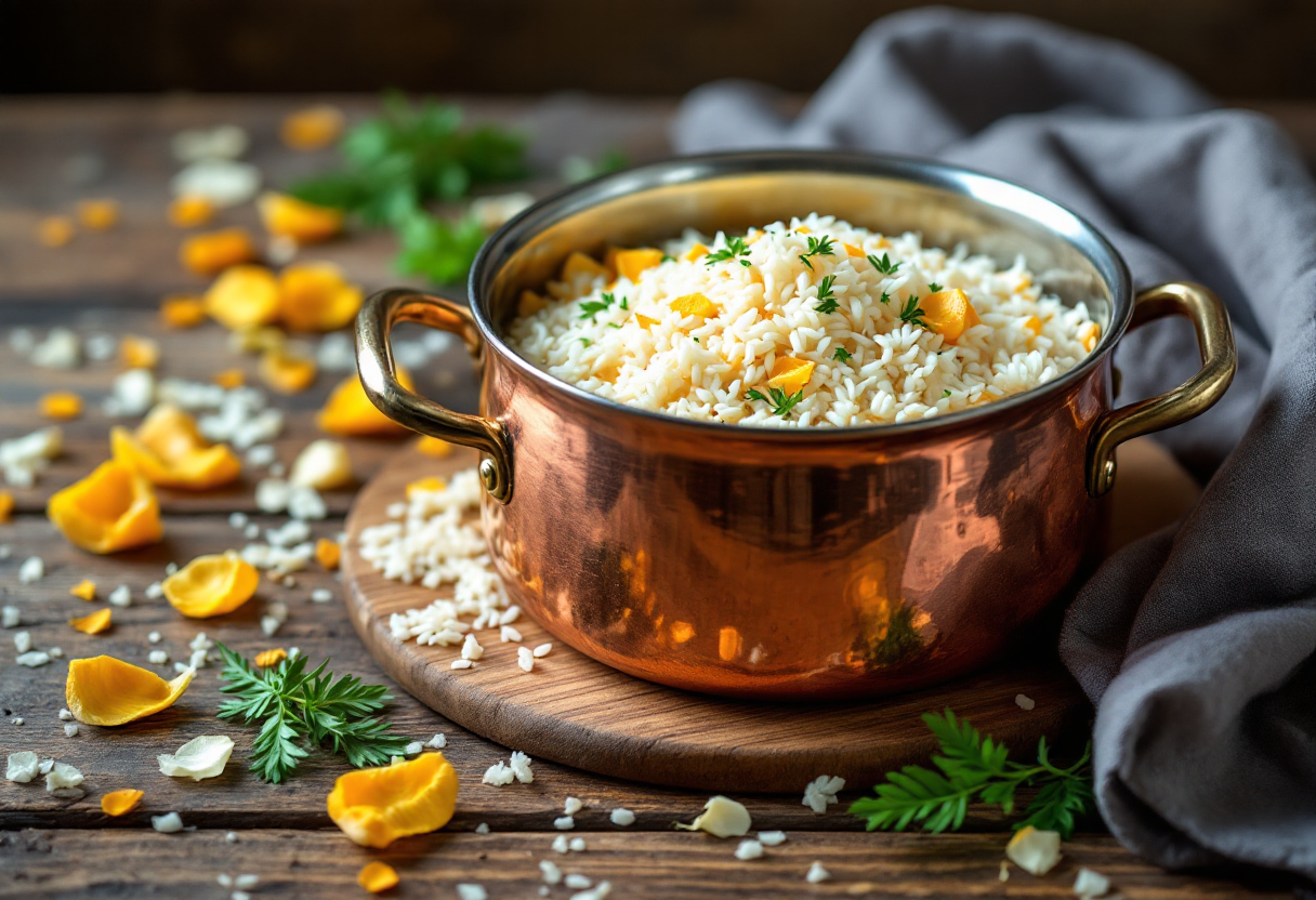 Risotto cremoso ai fiori di zucca con decorazione