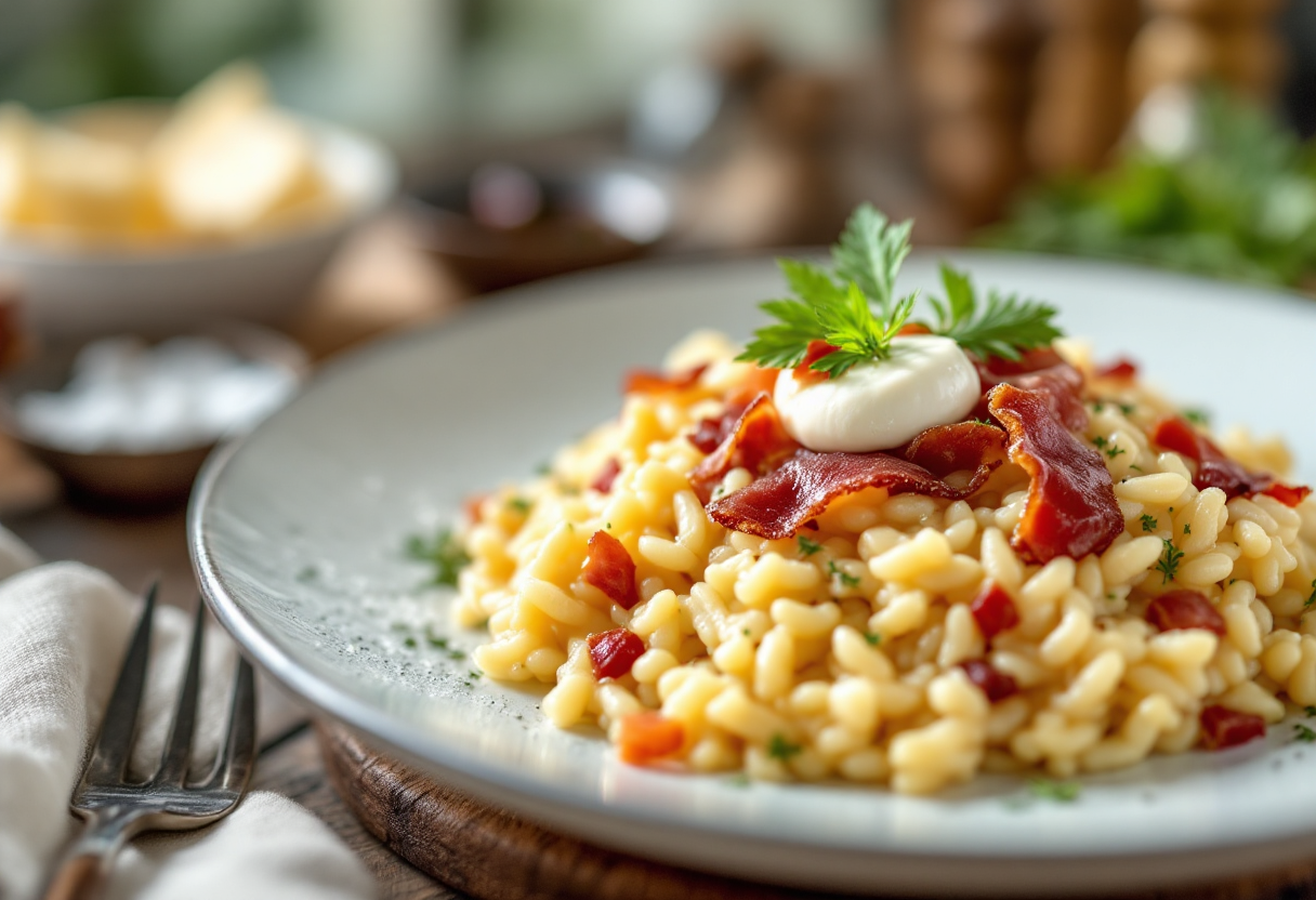 Risotto cremoso con burrata e speck su piatto elegante