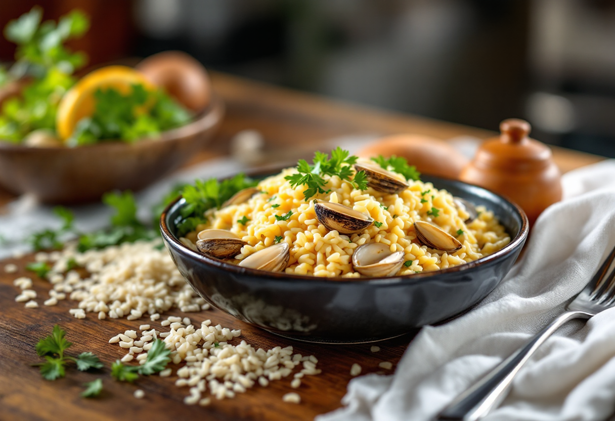 Risotto cremoso alle vongole servito in un piatto elegante