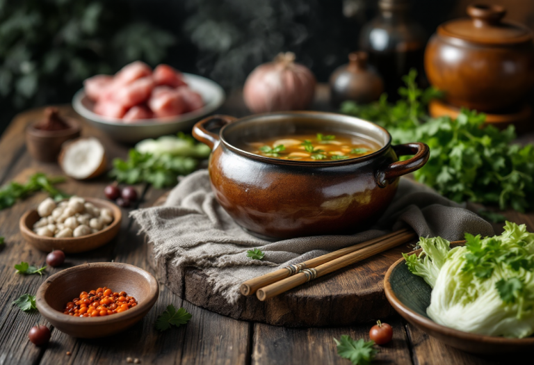 Piatto gourmet di soli di maiale e cavolo in brodo