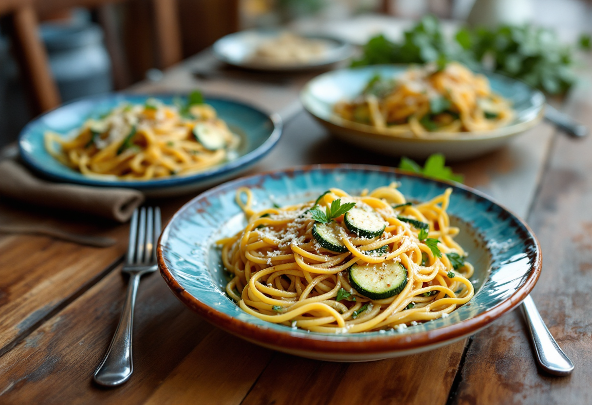 Piatto di spaghetti alla Nerano con zucchine e formaggio