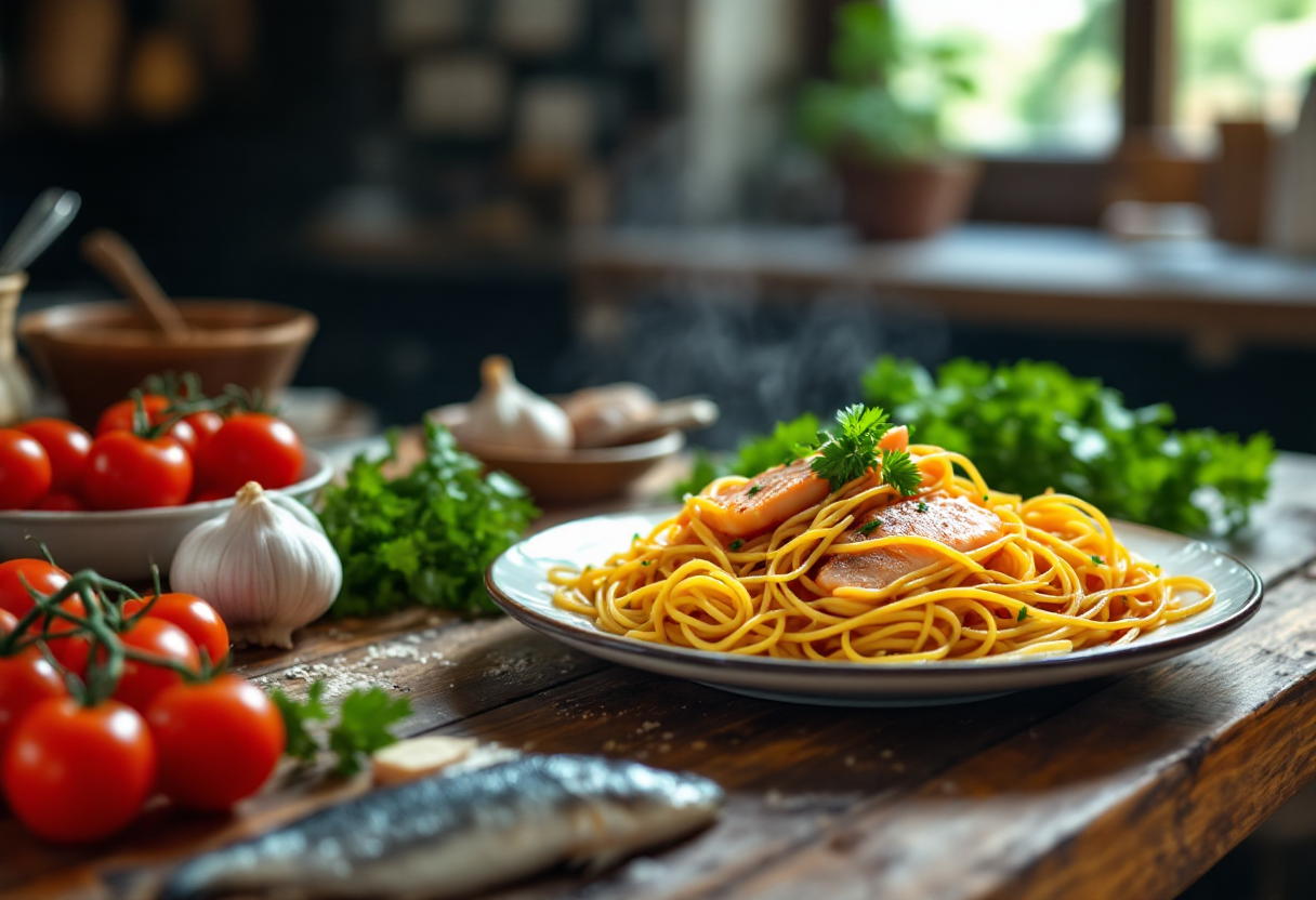 Piatto di spaghetti con sugo di pesce e pomodoro